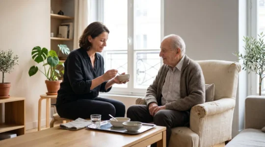 Auxiliaire de vie professionnelle aidant une personne âgée à prendre son repas dans un salon lumineux et chaleureux