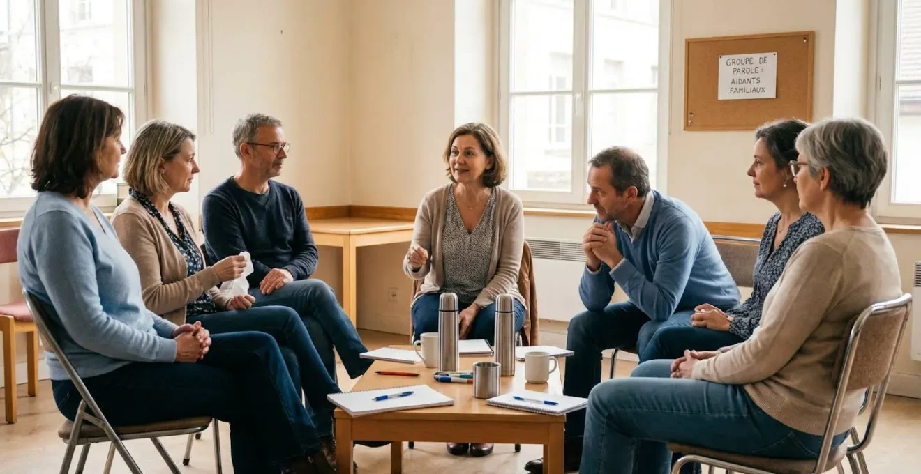 Groupe d'aidants familiaux assis en cercle lors d'une session de soutien dans une salle lumineuse