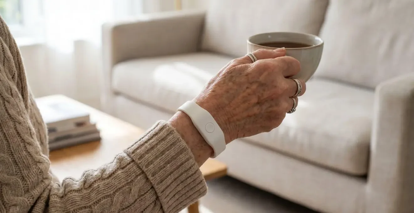 Personne âgée portant un bracelet de téléassistance blanc et discret au poignet dans son salon